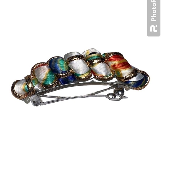 TWO sweet fabric barrettes: one like a hat with ribbon, one satin. - Picture 4 of 11